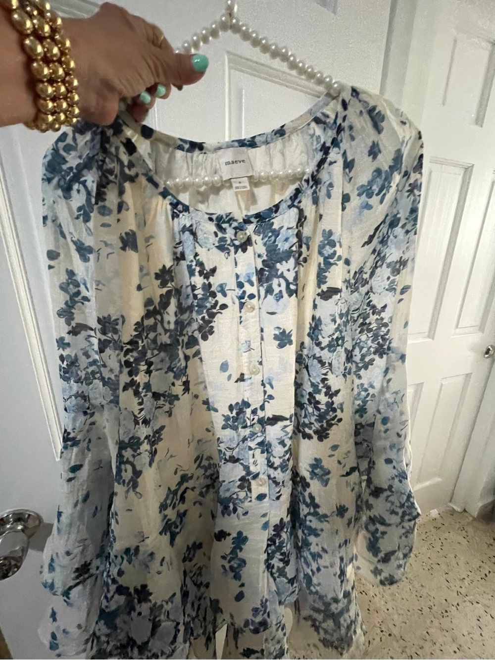 Maeve White Floral Blue-Print Long Sleeve Mini Dress - Picture 3 of 4
